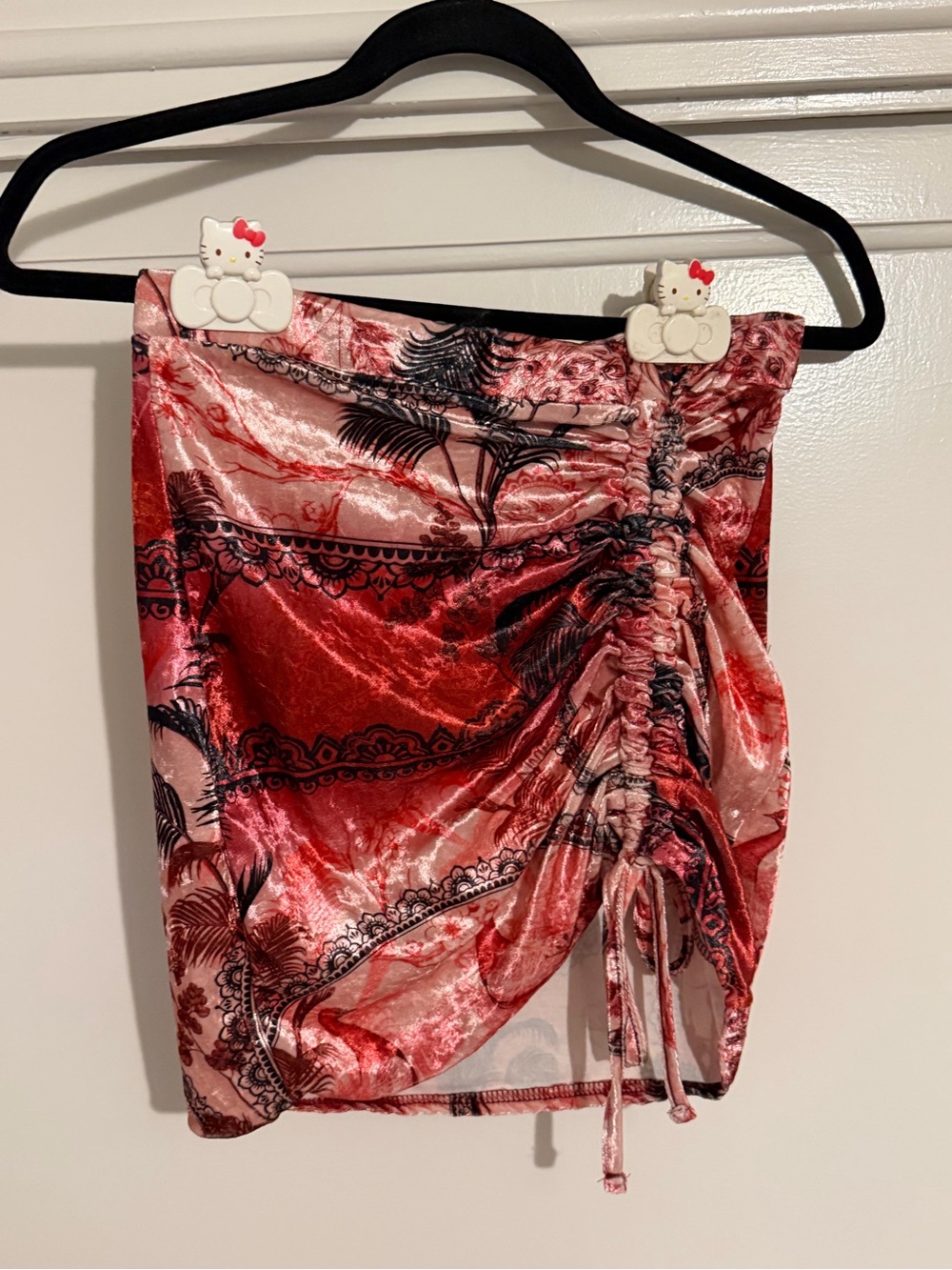 Ruched Red Velvet-Print Mini Skirt